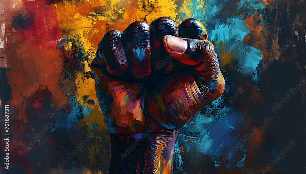Colorful Black Lives Matter background, illustration poster for Black History Month featuring a black fist, - obrazy, fototapety, plakaty 