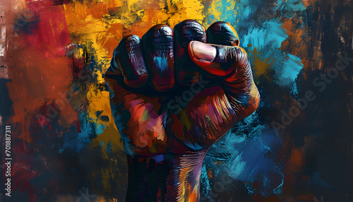 Colorful Black Lives Matter background, illustration poster for Black History Month featuring a black fist, photo