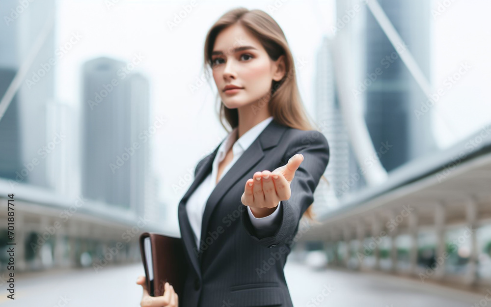 Business woman extends her hand forward Extend your arms to invite business success concept Blurred work background Business woman extends her hand forward Extend your arms to invite business success concept Blurred work background