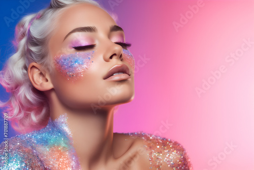 Fashion editorial Concept. Stunning beautiful woman high fashion striking pastel colourful glitter shimmer sparkle. illuminated with dynamic composition and dramatic lighting. copy text space
