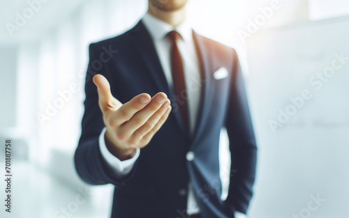 Male businessman extends his hand forward Extend your arms to invite business success concept Blurred work background