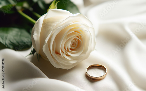 Wedding rings, diamond rings, ribbons and roses Background showing love on Valentine's Day