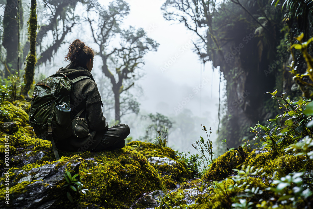 A solitary female traveler sits amidst misty green foliage, reflecting on the beauty of the lush forest around her. A solitary female traveler sits amidst misty green foliage, reflecting on the beauty of the lush forest around her.