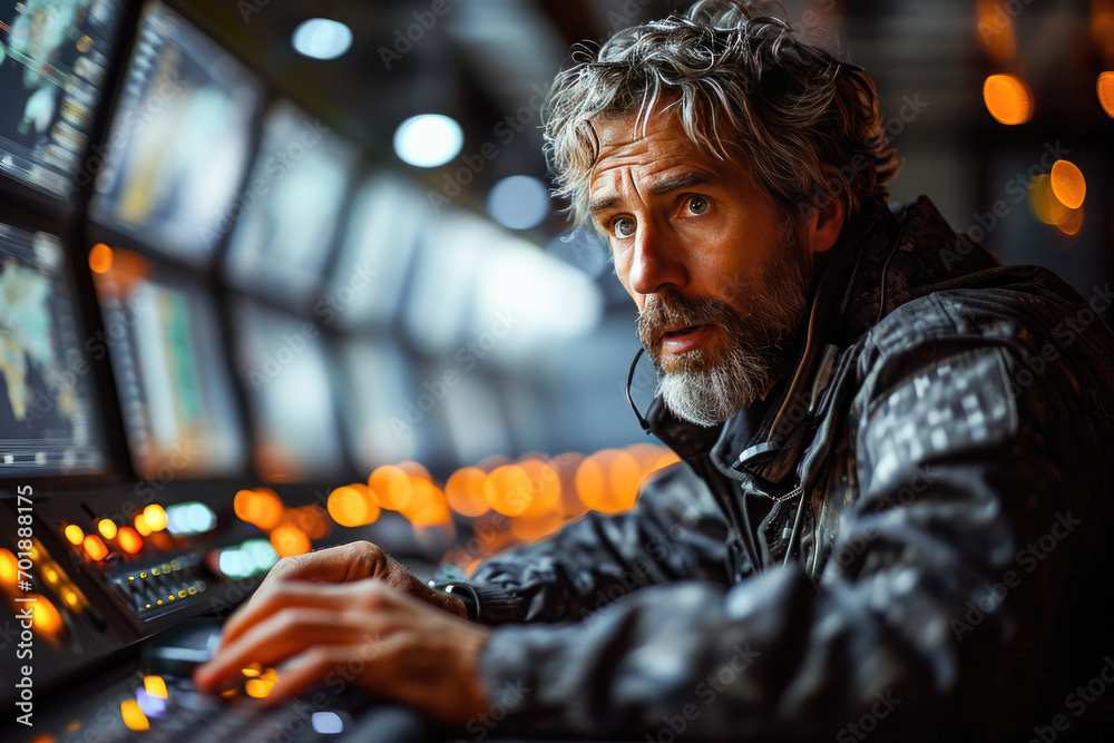 Mature man operating a high-tech control panel with intense concentration amidst glowing lights. Mature man operating a high-tech control panel with intense concentration amidst glowing lights.