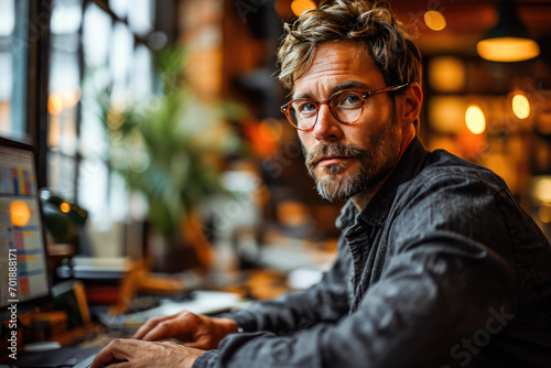 A professional man with glasses working attentively at his office desk surrounded by modern technology.