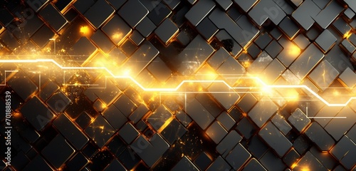 Abstract digital pixel design with a lightning bolt effect in yellow and black on a 3D wall texture, illustrating abstract digital pixel design
