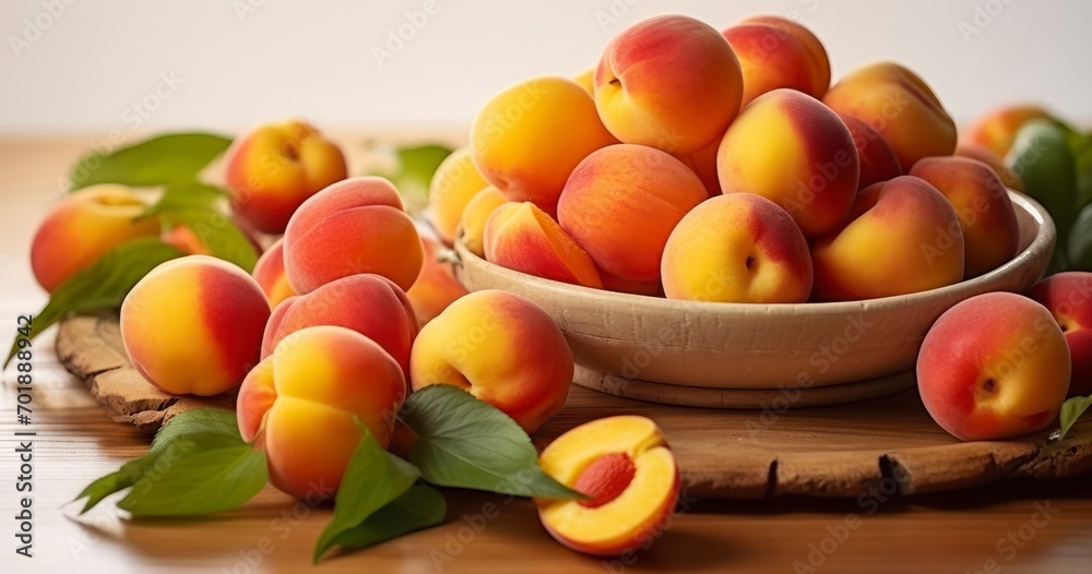 Fresh Peaches and Apricots Elegantly Displayed on a Wooden Plate. Generative AI Fresh Peaches and Apricots Elegantly Displayed on a Wooden Plate. Generative AI
