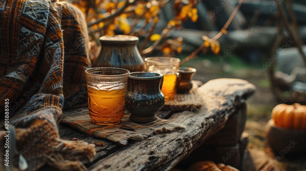 rustic apple cider in glass against a wooden barrel and woolen shawl background, harvest festival in warm oranges and browns. countryside cottegecore aesthetic. rustic apple cider in glass against a wooden barrel and woolen shawl background, harvest festival in warm oranges and browns. countryside cottegecore aesthetic.