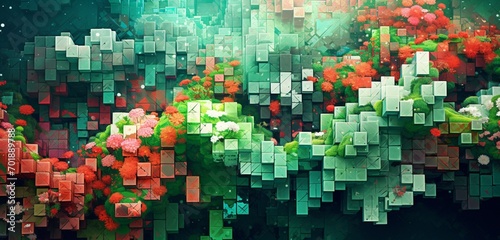 Abstract digital pixel design of a lush garden in green and floral colors on a 3D textured wall, exemplifying abstract digital pixel design © Lucifer