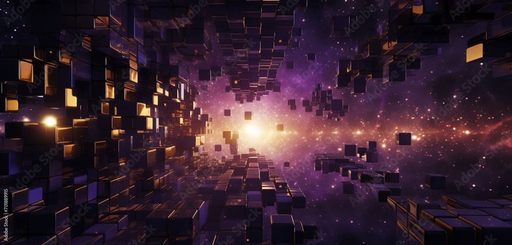 Abstract digital pixel design of a cosmic nebula in purple and gold on a 3D wall, highlighting abstract digital pixel design