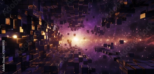 Abstract digital pixel design of a cosmic nebula in purple and gold on a 3D wall, highlighting abstract digital pixel design