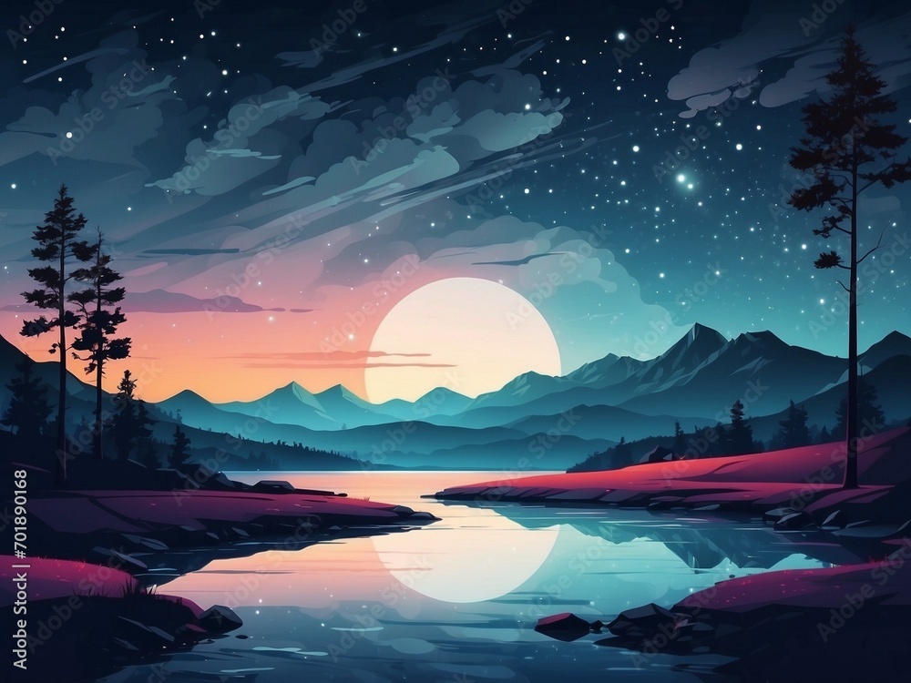 AI generative of beautiful blue sky at night with big moon, landscape illustration