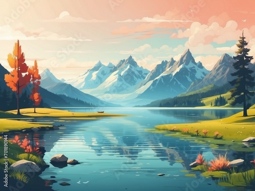 AI generative of beautiful landscape with river and mountains illustration