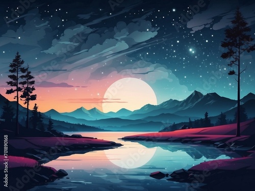 AI generative of beautiful blue sky at night with big moon, landscape illustration