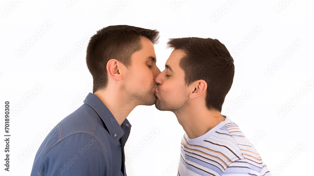 Two men in casual attire sharing a passionate kiss, isolated on a white background. Two men in casual attire sharing a passionate kiss, isolated on a white background.
