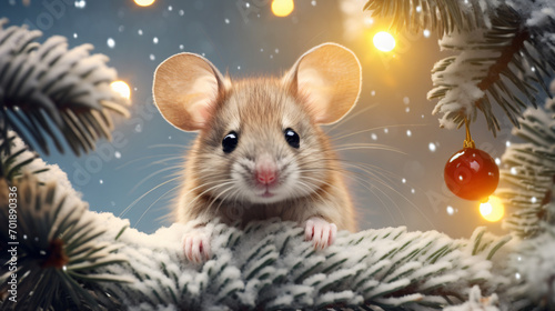 A cheerful cute mouse in a knitted hat