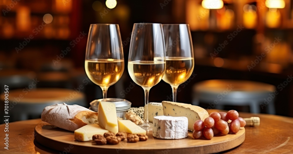 Relishing French White Wine with a Delectable Spread of Local Cheeses and Freshly Baked Bread. Generative AI