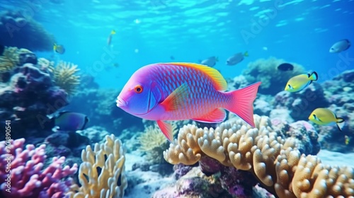 A Wrasse (Labridae) in a playful interaction with a cleaner fish, set against a backdrop of a pristine coral reef.