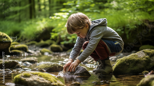 A child collecting pebbles and rocks by a stream in the Jura wilderness.