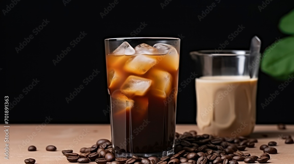 Chilled Coffee with Ice Cubes and Scattered Coffee Beans on a Table. Generative AI
