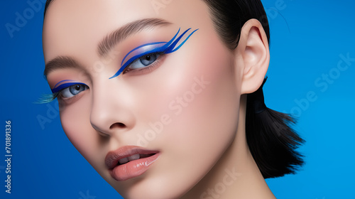 A model with electric blue graphic eyeliner, raising an eyebrow in curiosity.