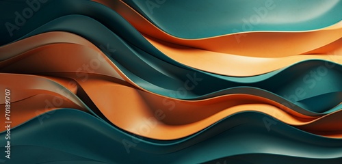 Abstract digital pixel design of flowing ribbons in teal and rust on a 3D wall texture, denoting abstract digital pixel design