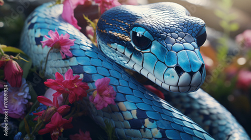 A close up of a blue snake with flowers