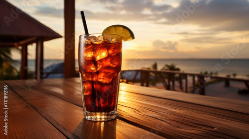 Glass of iced cola on table, tropical beach in the background, sunset