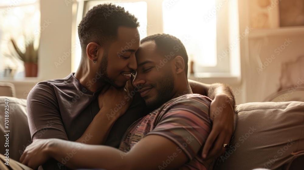 photo of adult gay couple hug on the sofa