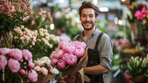 handsome florist holding peony bouquet in flower shop