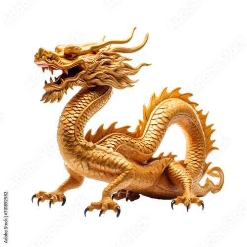 Chinese dragon statue made of gold on transparent background PNG © I LOVE PNG