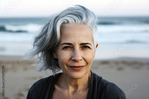 senior woman mature woman with grey hair at the beach portrait photo