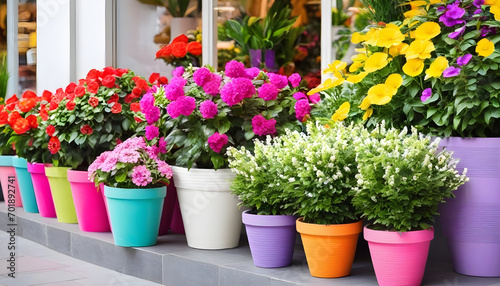 Colorful flower pots with flowers in shop