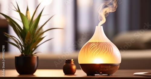 An Aroma Lamp's Gentle Glow on a Table, Creating a Calming Scented Sanctuary. Generative AI