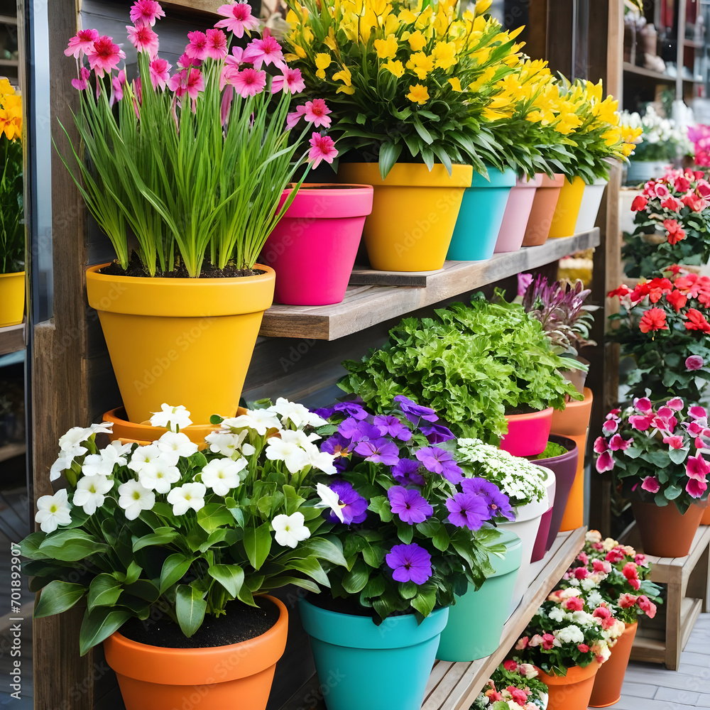 Colorful flower pots with flowers in shop
