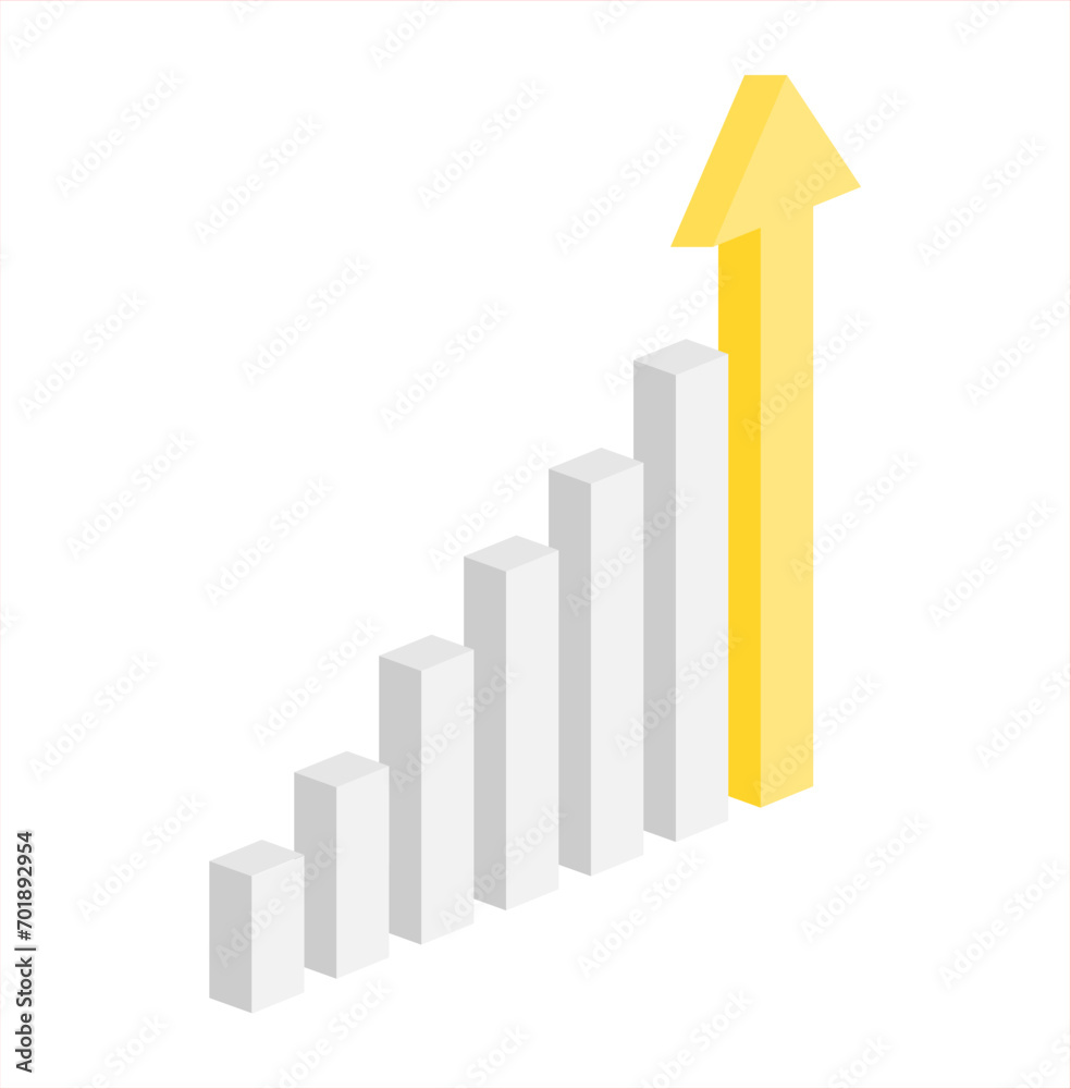 Steadily growing bar chart with an arrow pointing up. Uptrend graph isolated on white. Steadily growing bar chart with an arrow pointing up. Uptrend graph isolated on white.