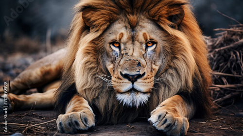 A close up of a lion laying on the ground 