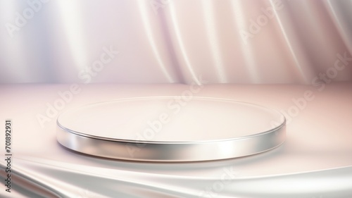 Sleek chrome podium with pinkish silver drapes in background, Premium showcase mockup template for Beauty, Cosmetic, Luxury products, with copy space for text