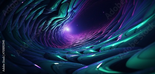 Abstract digital pixel design art with swirling patterns in green and purple on a 3D wall, highlighting abstract digital pixel design