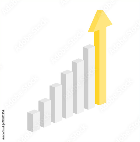 Steadily growing bar chart with an arrow pointing up. Uptrend graph isolated on white.