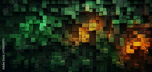 Abstract digital pixel design in a lattice of leaves pattern in green and brown on a 3D wall, capturing abstract digital pixel design