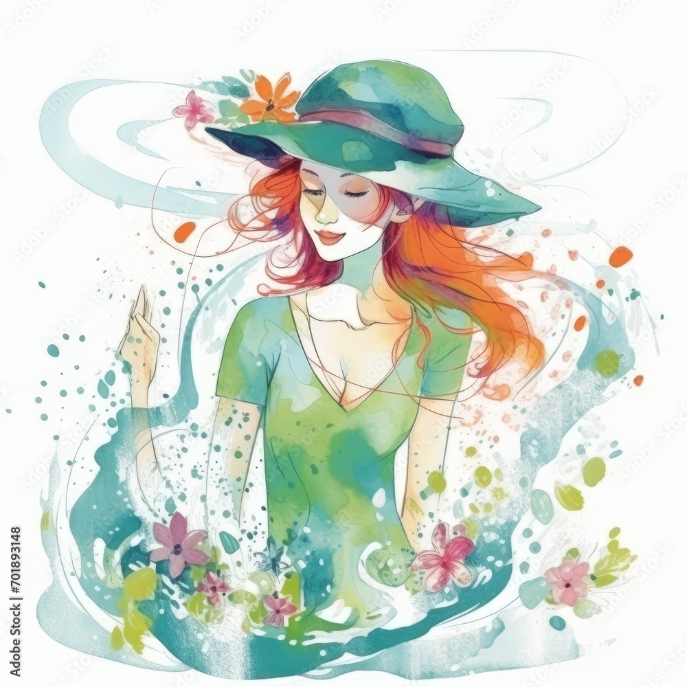 Beautiful young woman in hat with flowers and water drops. Watercolor illustration. Beautiful young woman in hat with flowers and water drops. Watercolor illustration.