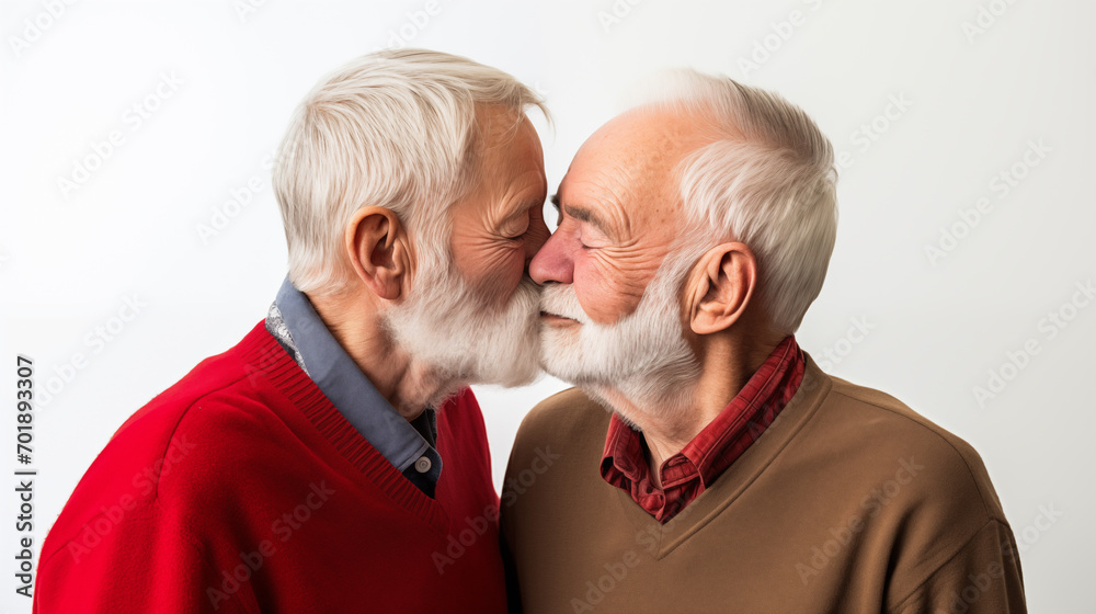 Two elderly men sharing a gentle kiss, hands interlocked, isolated on a white background. Two elderly men sharing a gentle kiss, hands interlocked, isolated on a white background.