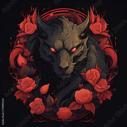 Black dragon red roses floral background T-shird design