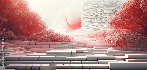 Abstract digital pixel design featuring a serene Zen garden in red and white on a 3D textured wall, portraying abstract digital pixel design