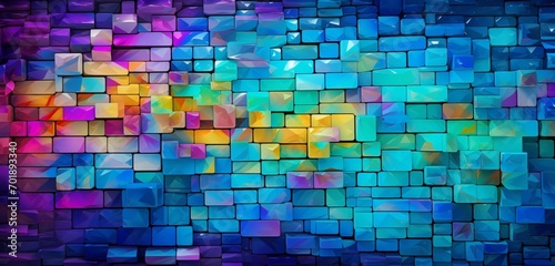Abstract digital pixel design with a stained glass effect in multicolors on a 3D wall texture  typifying abstract digital pixel design