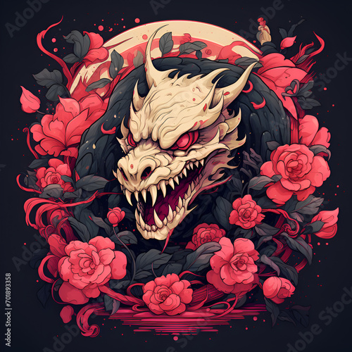 White dragon red roses floral background T-shird design
