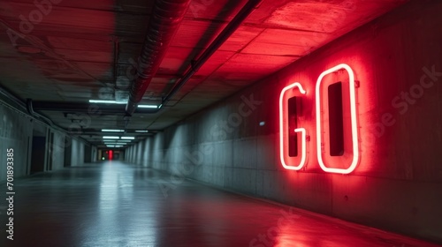 Neon sign Go in a large empty space. Glowing light advertising. 