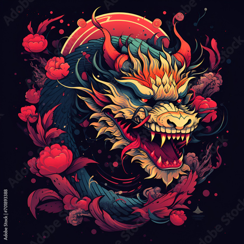 Chinese New Year red gold dragon red roses background T-shird design