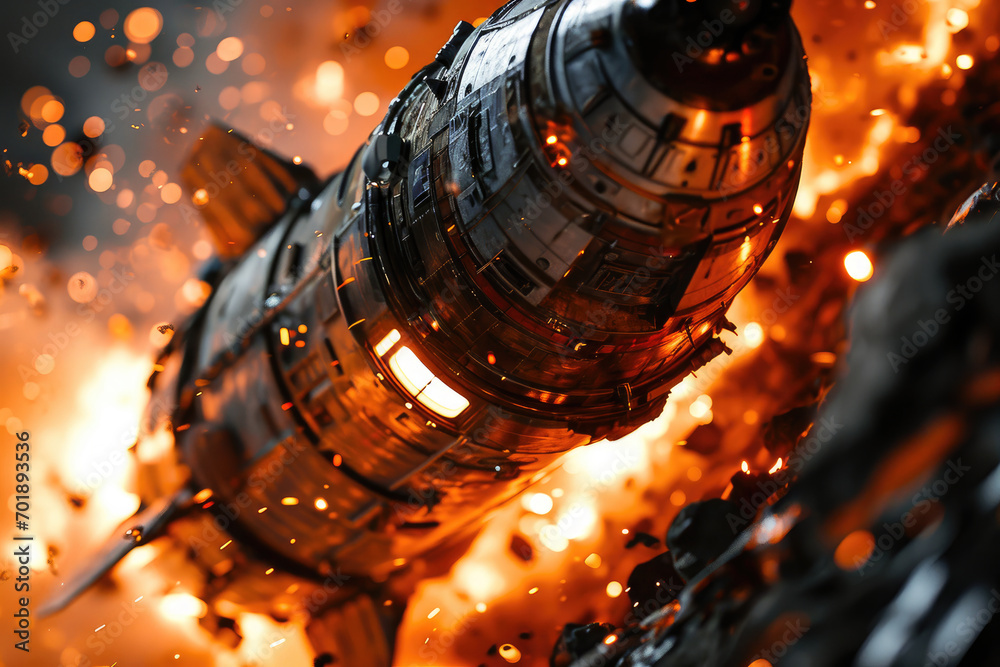 A fiery spaceship soaring through space, depicted in a stunning high-resolution digital art. A fiery spaceship soaring through space, depicted in a stunning high-resolution digital art.